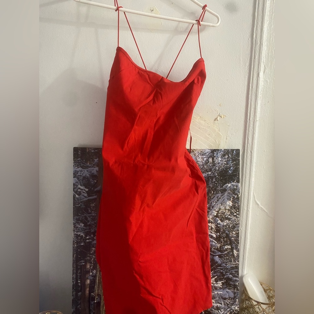 Short red party dress with low back + side cutout with gems. Size XL.
